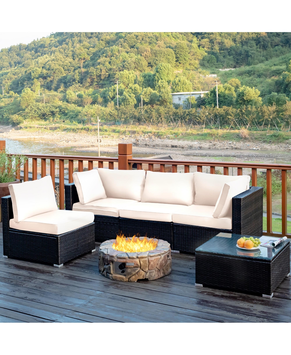 5PCS Patio Rattan Furniture Set Cushioned Sofa Chair Coffee Table