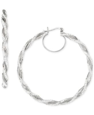 Crystal Pav&eacute; Twist Style Medium Hoop Earrings, 2"