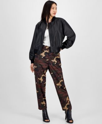 Shop Bar Iii Womens Faux Leather Bomber Jacket Ottman Scoop Neck Tank Camo Washed Satin Cargo Pants Created For M In Camilla Camo A