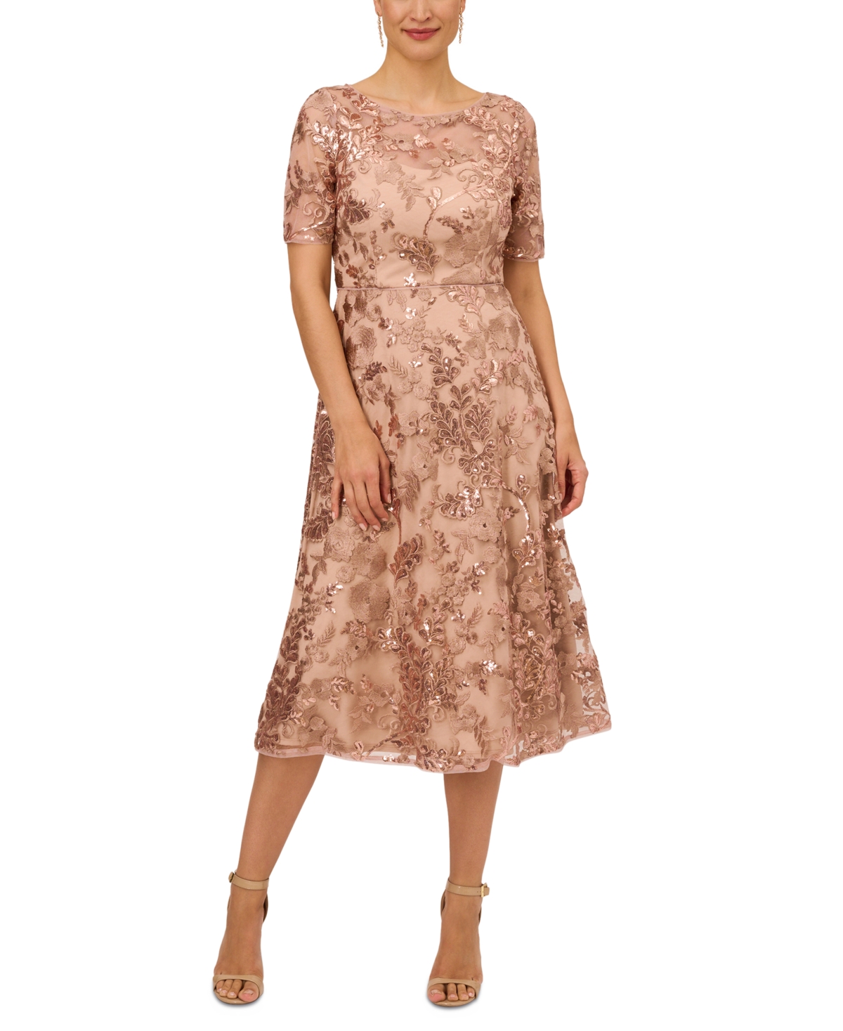 Shop Adrianna Papell Women's Sequined Embroidered Midi Dress In Almondine