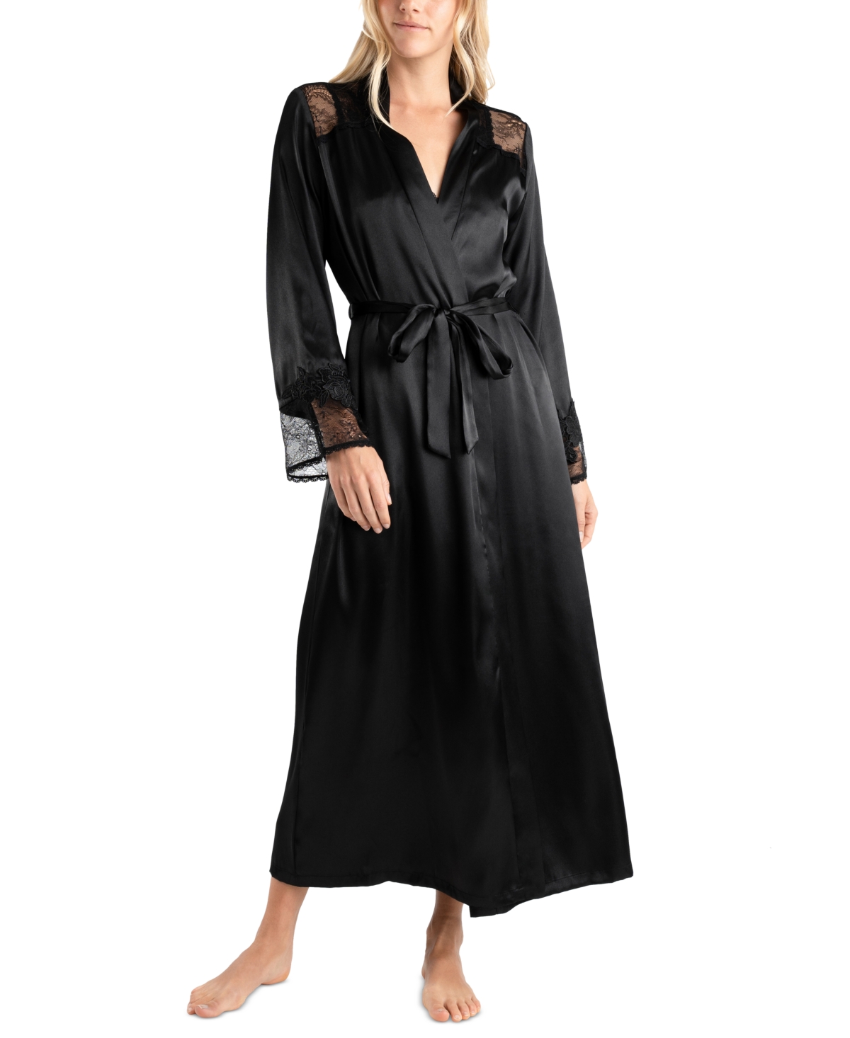Linea Donatella Women's Enchante Satin Lace-trim Robe In Black