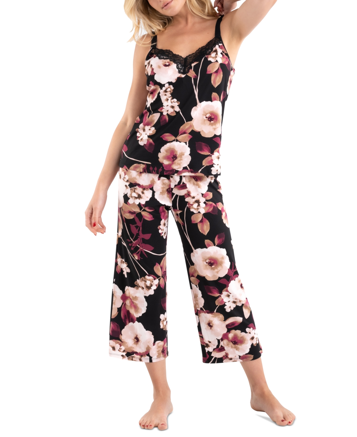Women's Floral-Print Ariella Cropped Lace-Trimmed 2-Pc. Pajama Set - Ariella Black