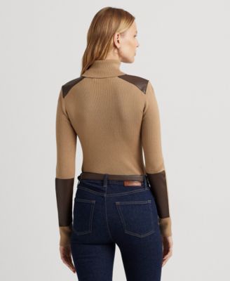 ラルフ・ローレン Lauren Ralph Lauren Faux レザー-Trim Ribbed Turtleneck レディース Sweaters Lauren Ralph Lauren Women's Faux Leather–Trim Ribbed