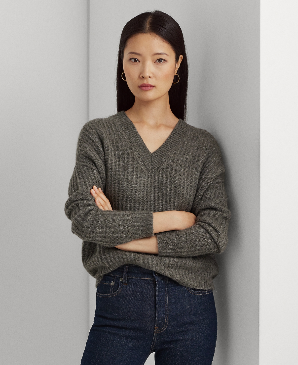 Lauren Ralph Lauren Women's Wool-blend Ribbed V-neck Sweater In Modern Grey Heather