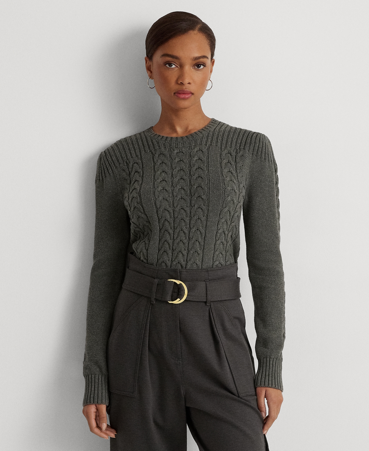 Lauren Ralph Lauren Women's Cable-knit Puff-sleeve Sweater In Modern Grey Heather