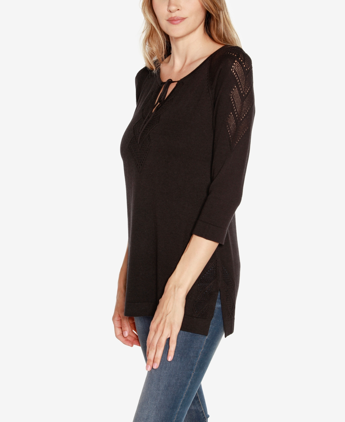 Belldini Women's Raglan Sleeve Pointelle Sweater