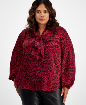 Bar III - Plus Size Animal-Print Tie-Neck Blouse, Created for Macy's