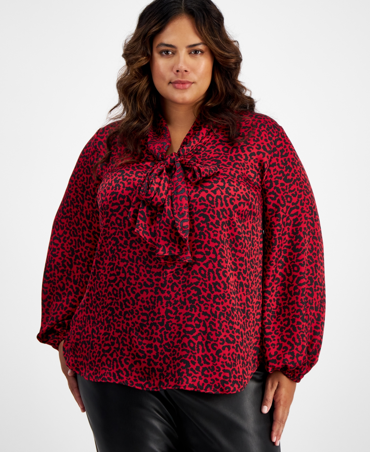 Bar Iii Plus Size Animal-print Tie-neck Blouse, Created For Macy's In Black Multi