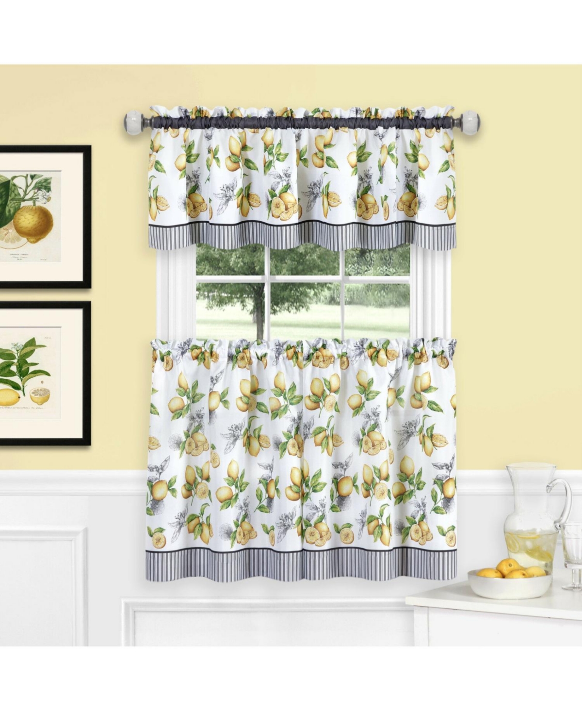 Country Lemons Complete Cafe Style Kitchen Curtain Tier & Valance Set - White