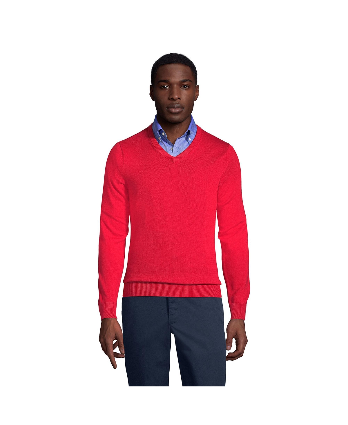 Lands End Men s School Uniform Cotton Modal Fine Gauge V neck Sweater Red Smart Closet