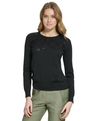 DKNY - Women's Leopard Sequin-Yoke Crewneck Sweater