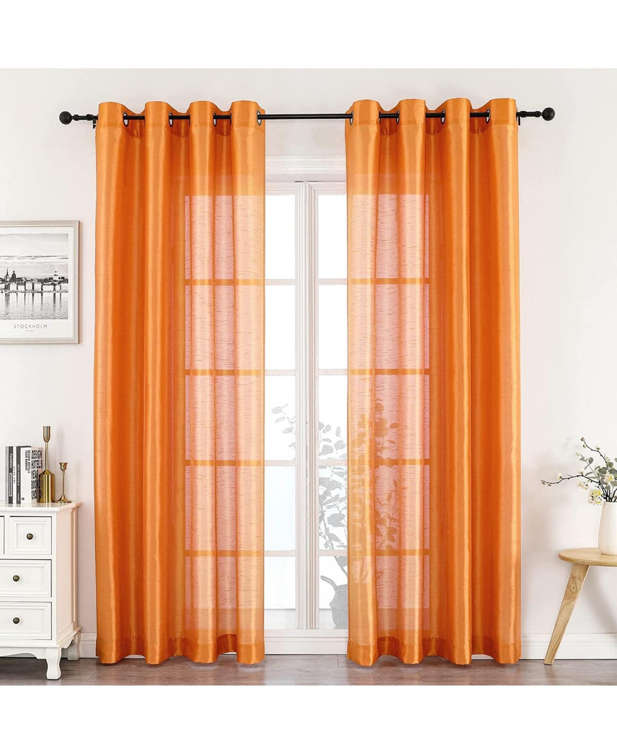 Artisan Lightweight Transparent Faux Silk Sheer Grommet Single Curtain Panel - Orange