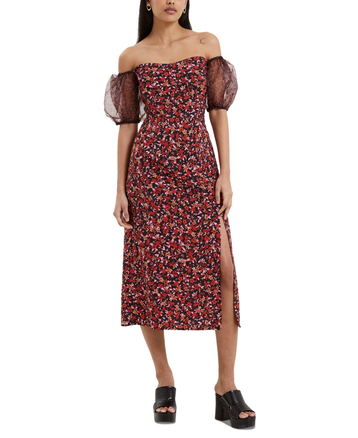 French Connection Clara Floral Off The Shoulder Puff Sleeve Dress In Black