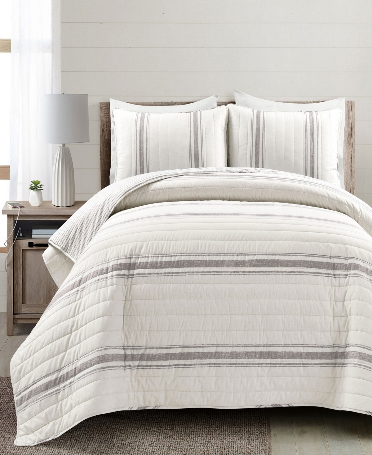 Lush Decor Farmhouse Stripe Reversible Cotton 3-piece Quilt Set, Full/queen In Gray