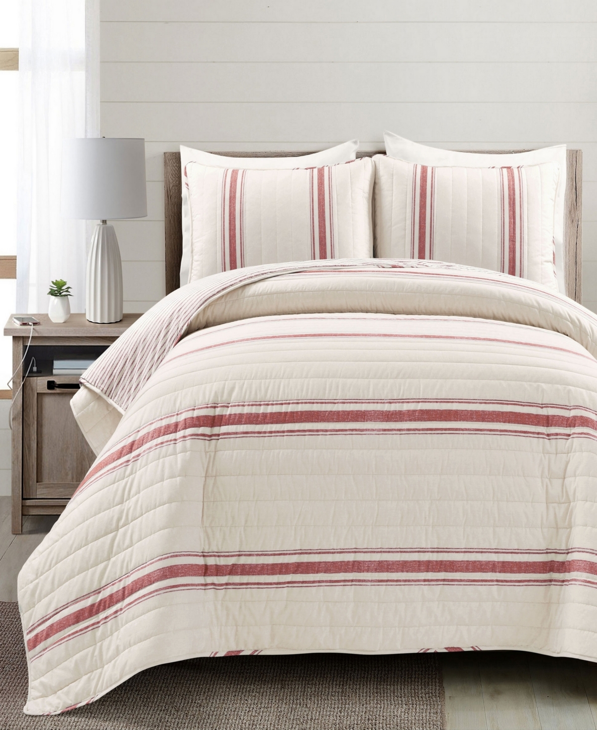 Lush Decor Farmhouse Stripe Reversible Cotton 3-piece Quilt Set, Full/queen In Red