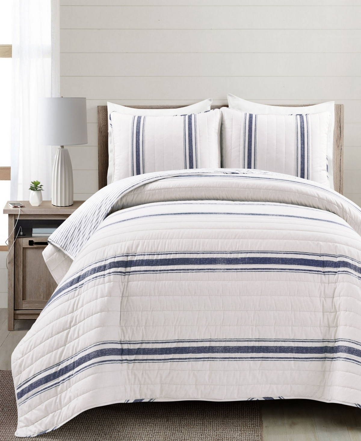 Lush Decor Farmhouse Stripe Reversible Cotton 3-piece Quilt Set, Full/queen In Navy