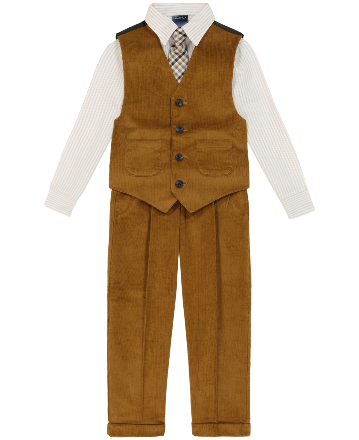 Nautica Kids' Little Boys Shirt, Corduroy Vest, Pants And Neck-tie Set In Bronze