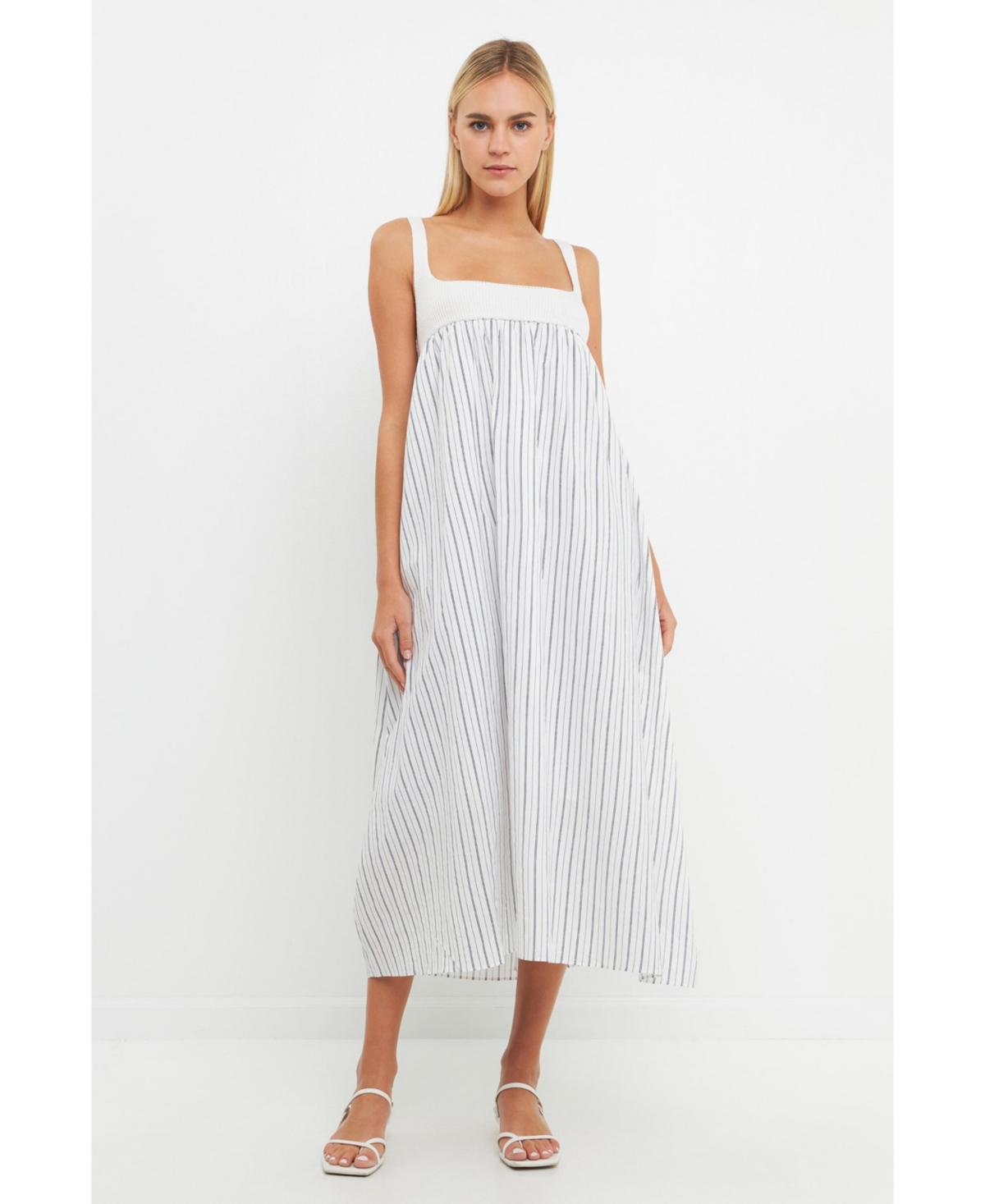 English Factory Women's Tie Back Knit Combo Striped Maxi Dress -navy