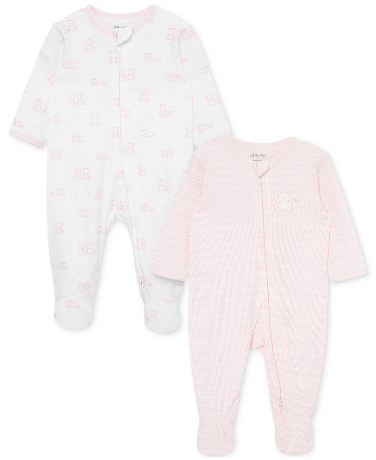 Little Me Baby Charms & Striped Cotton Long Sleeve Footed Coveralls, Pack Of 2 In Pink