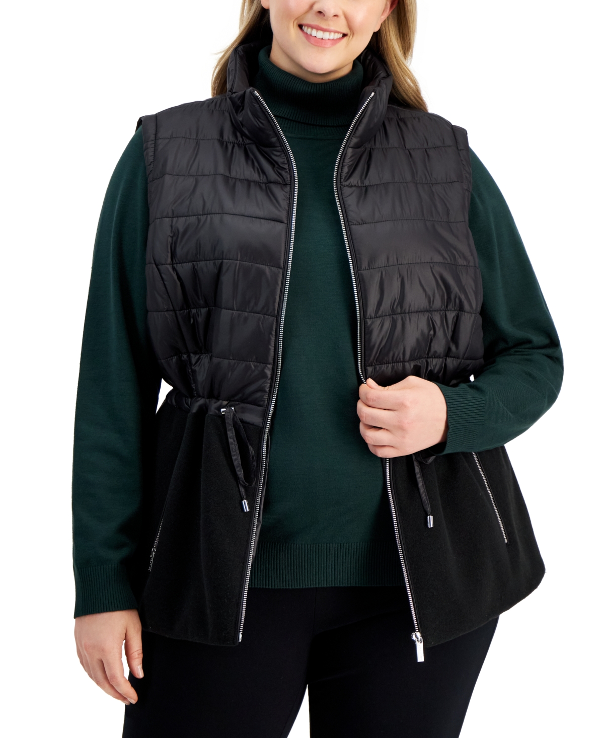 Calvin Klein Plus Size Mixed Media Zip-front Drawstring Vest In Black