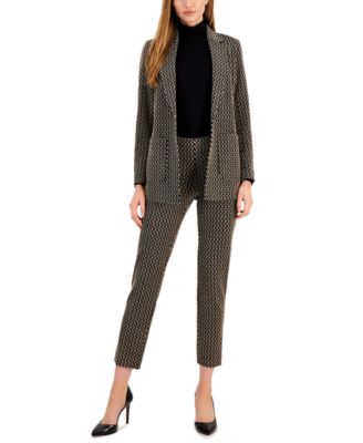 Anne Klein Womens Notched Collar Single Button Blazer Knit Turtleneck Top Pull On Slim Ankle Pants In Anne Black,lt Coffee