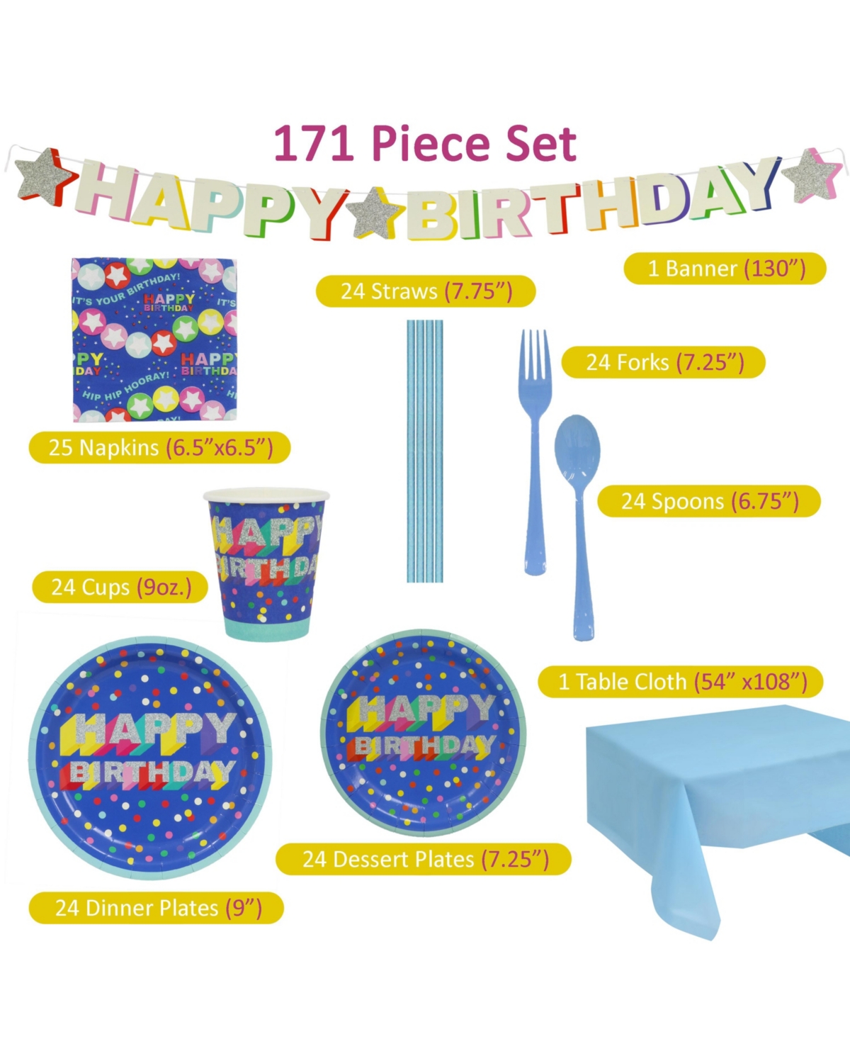 Shop Puleo Disposable Birthday Party Set, Serves 24, With Large And Small Paper Plates, Paper Cups, Straws, Nap In Blue