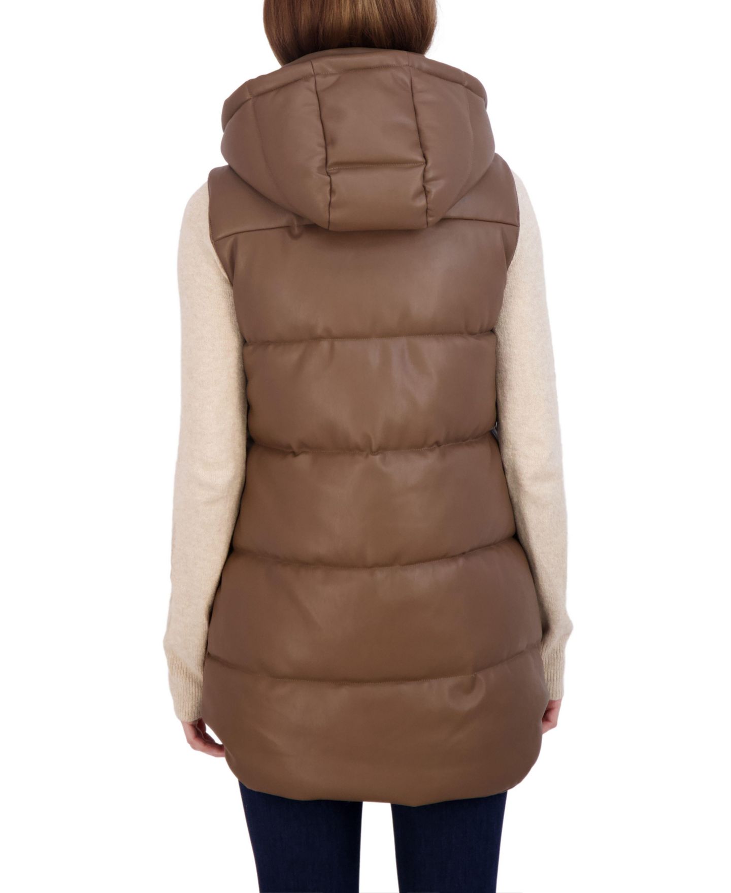 Женский жилет Sebby Collection Puffer Faux Leather Vest with Hood, цвет: Средний коричневый — фото 4