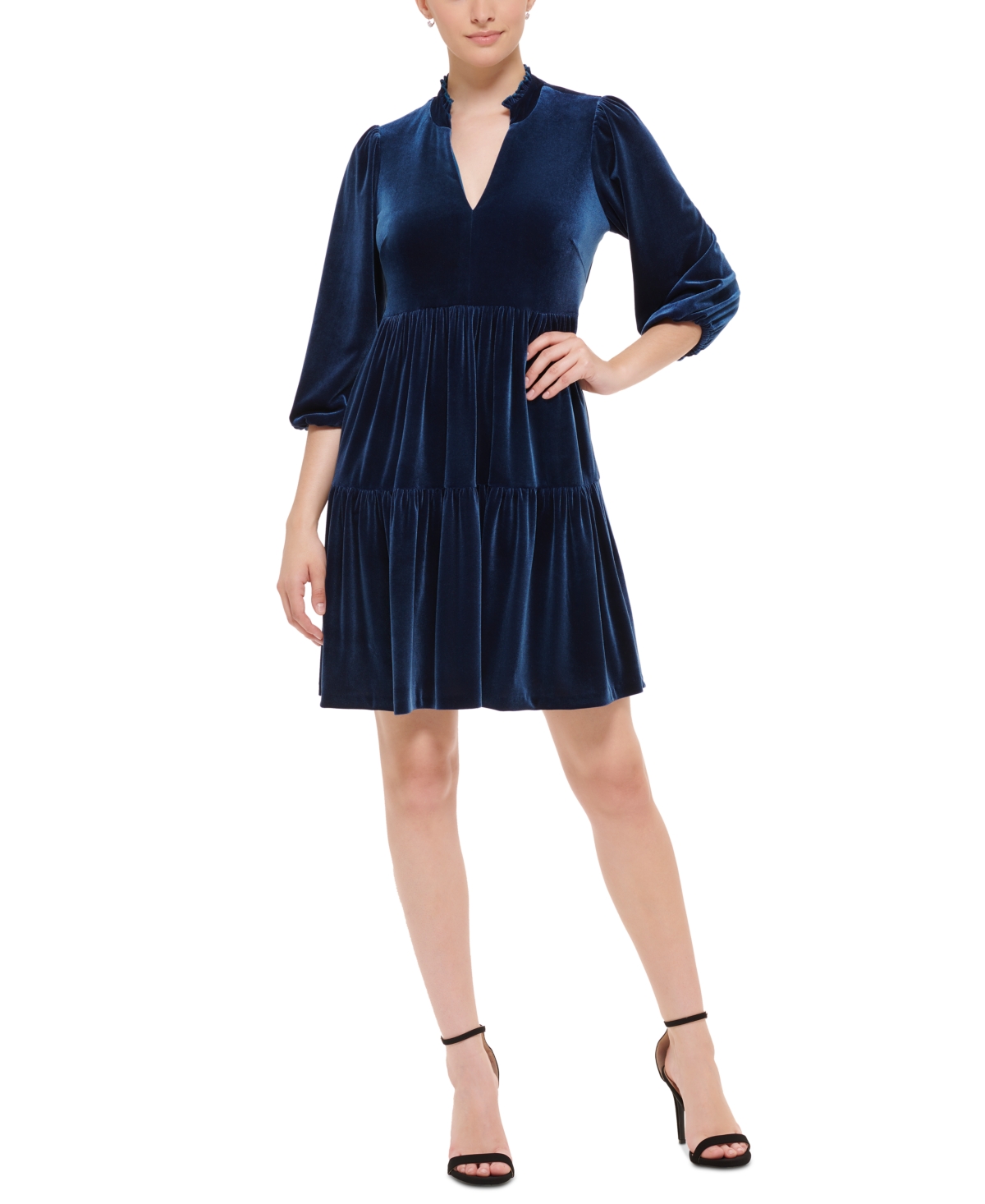 Vince Camuto Women s Velvet Puff Sleeve Tiered Dress Blue Smart Closet