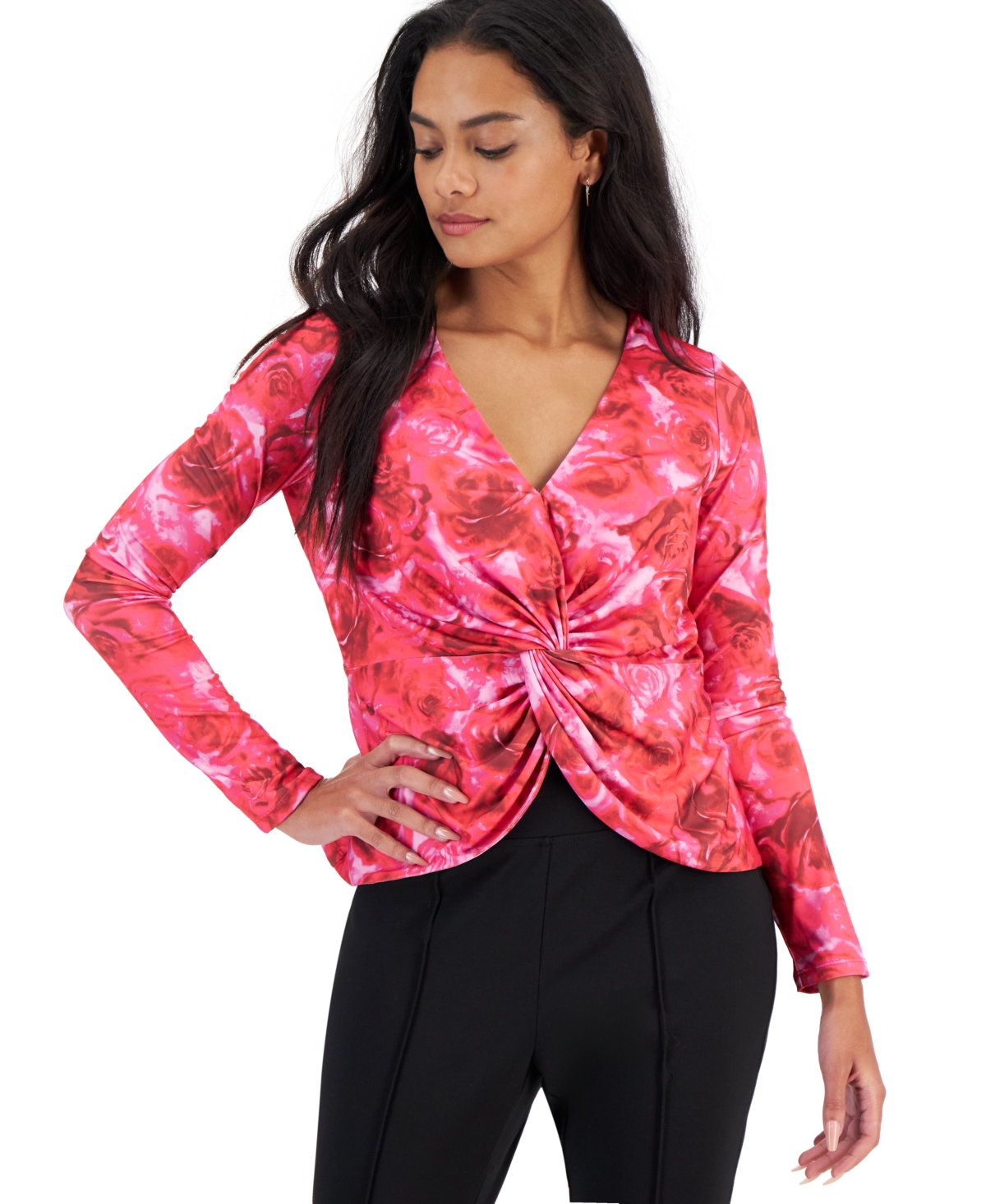 Bar Iii Petite Twist-front Long-sleeve Top, Created For Macy's In Riley Rose