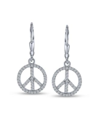 Message World Peace Sign Symbol Cubic Zirconia Pave CZ Lever back Drop Dangle Earrings Rose Gold Plated .925 Sterling Silver