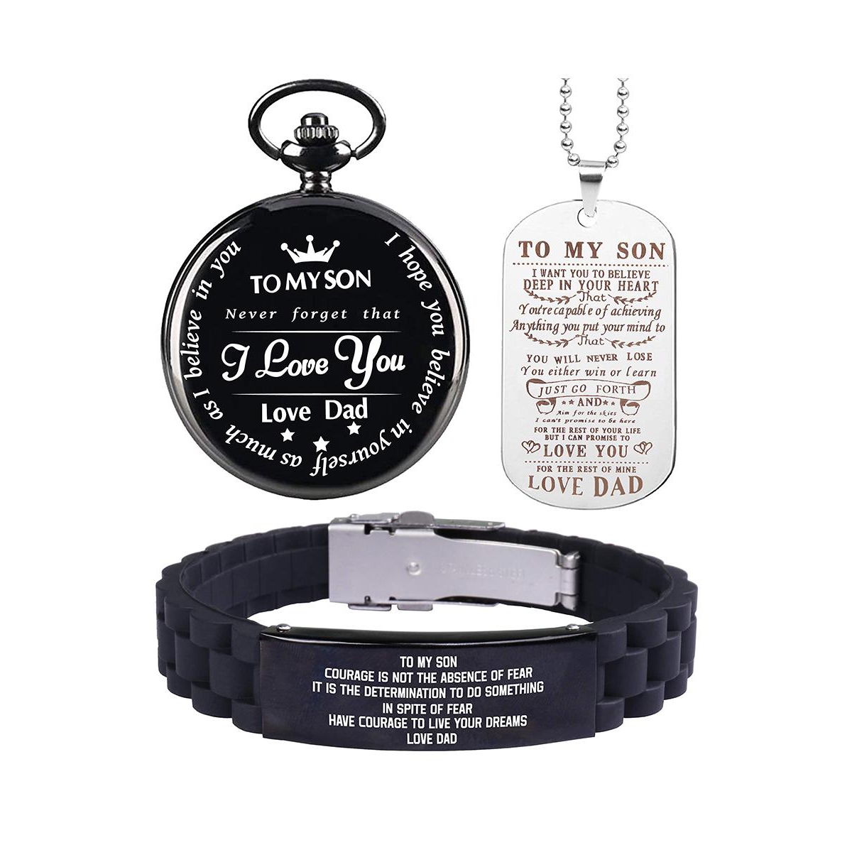 To My Son Pocket Watch, Bracelet, and Necklace Set - Gifts from Dad for Christmas, Graduation, and Birthday - Thoughtful Keepsake for Sons - Black