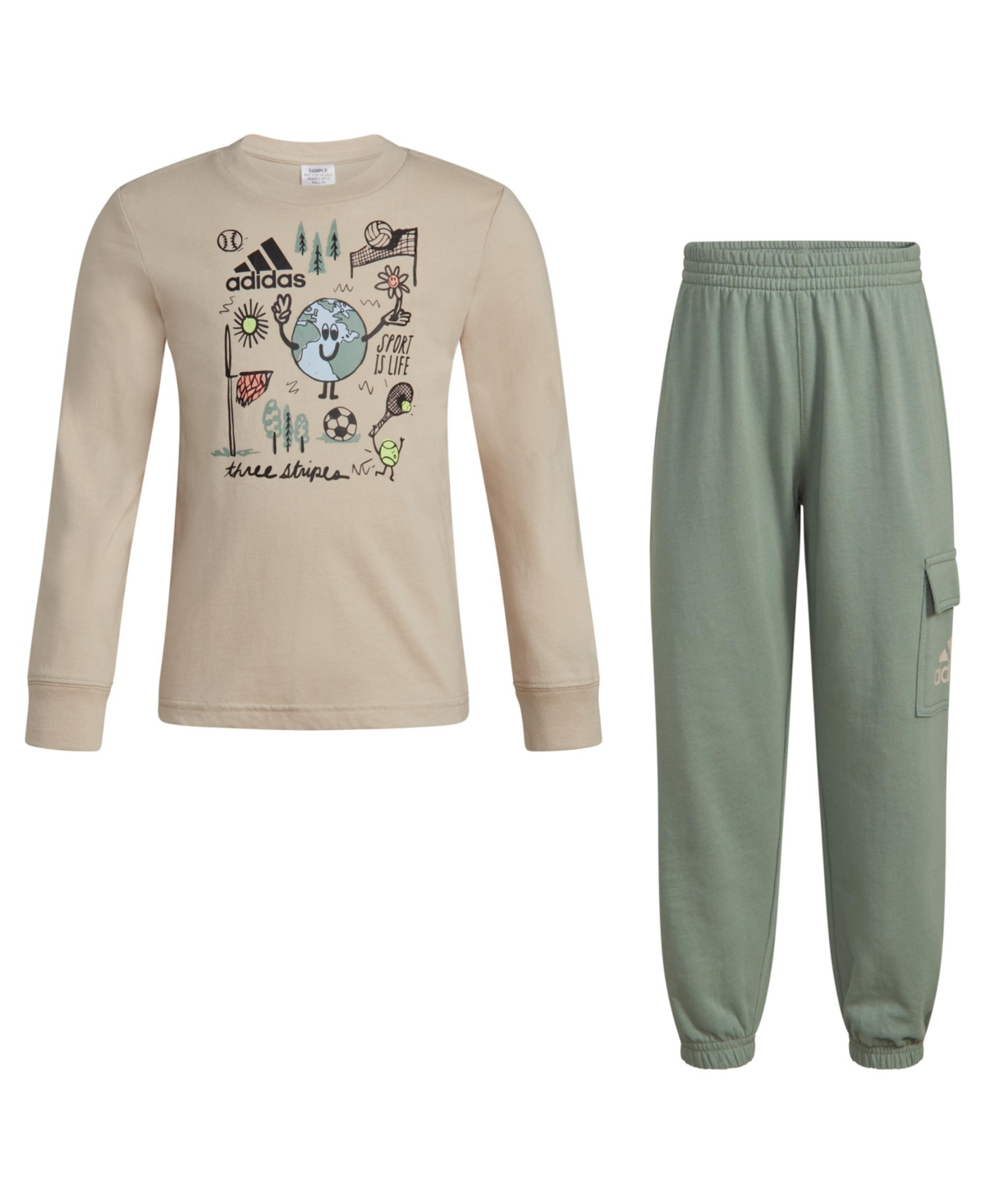 Adidas Originals Toddler Boys Long Sleeve Cotton T-shirt And Cargo Joggers, 2 Piece Set In Wonder Beige