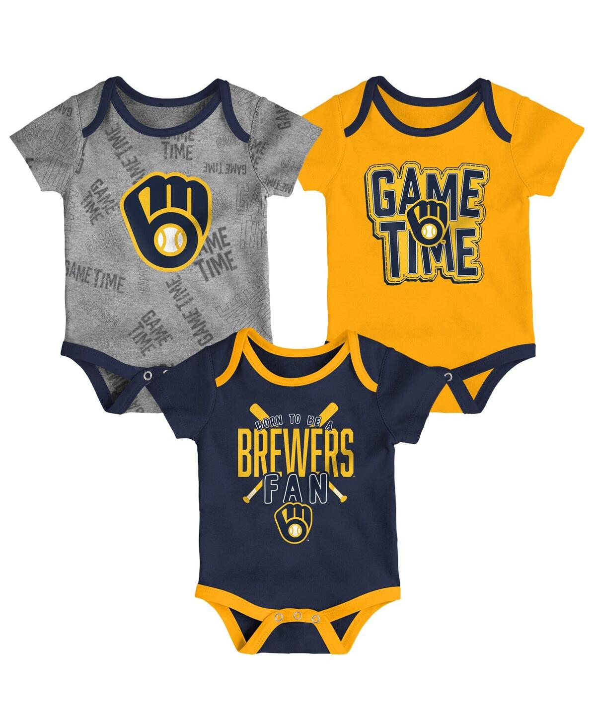 Shop Outerstuff Newborn And Infant Boys And Girls Milwaukee Brewers Navy, Gold, Heathered Gray Game Time Three-piece In Navy,gold,heathered Gray