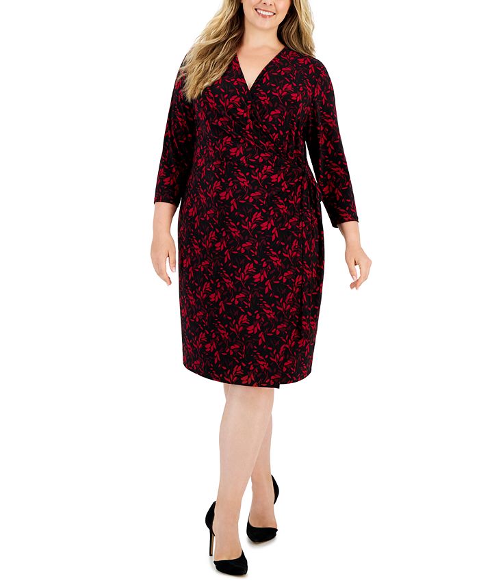 Anne Klein Plus Size Printed 3/4-Sleeve Wrap Dress - Macy's