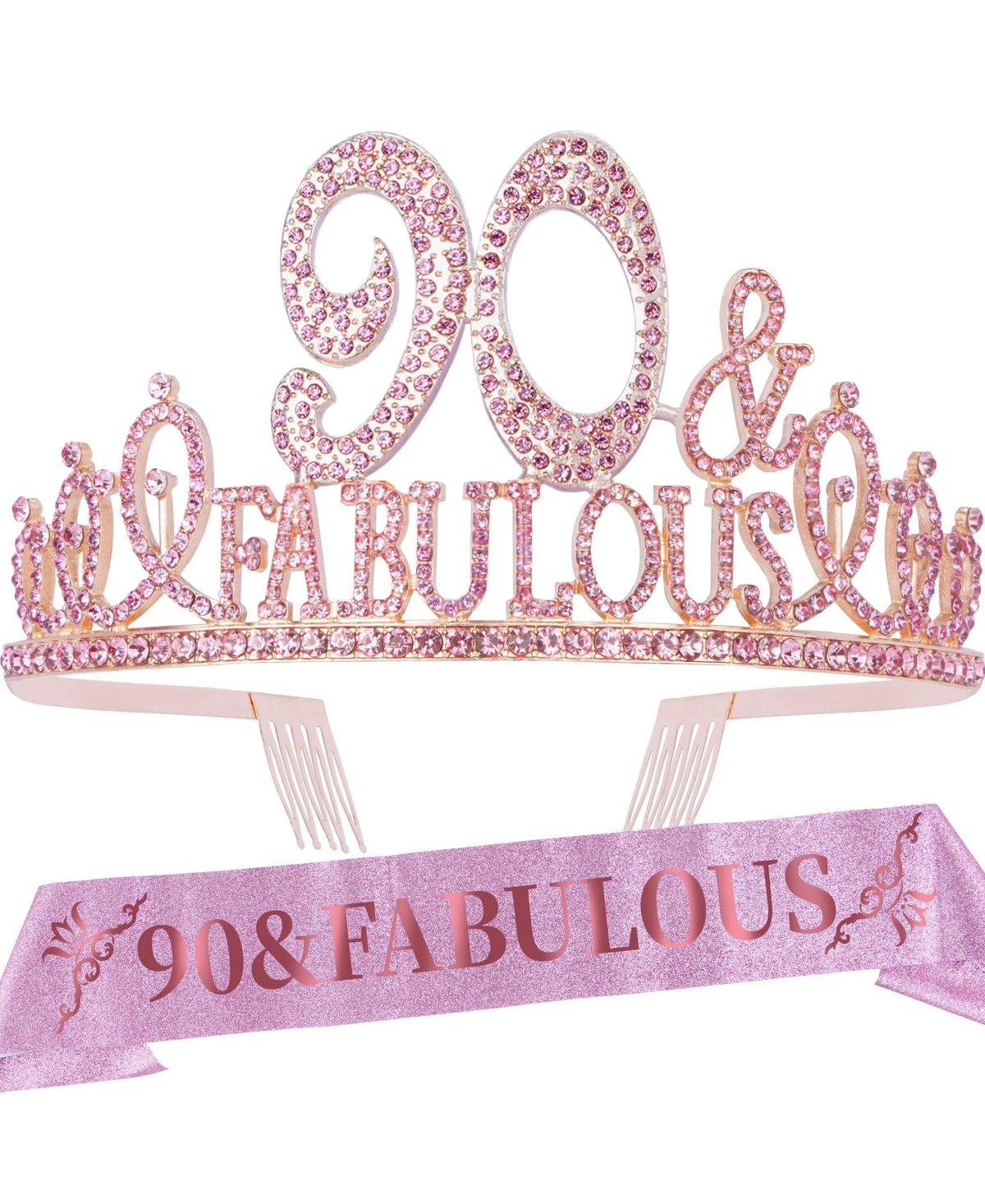 Ebe EmmasbyEmma 90th Birthday Sash and Tiara Set for Women - Glittery Pink Sash with Fabulous Rhinestone Metal Tiara, Perfect 90th Birthday Celebratio