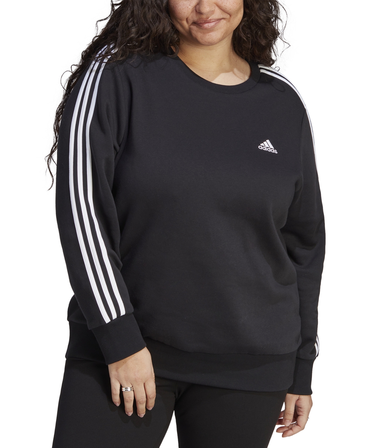 Shop Adidas Originals Plus Size 3-stripes Crewneck Fleece Sweatshirt In Black,white