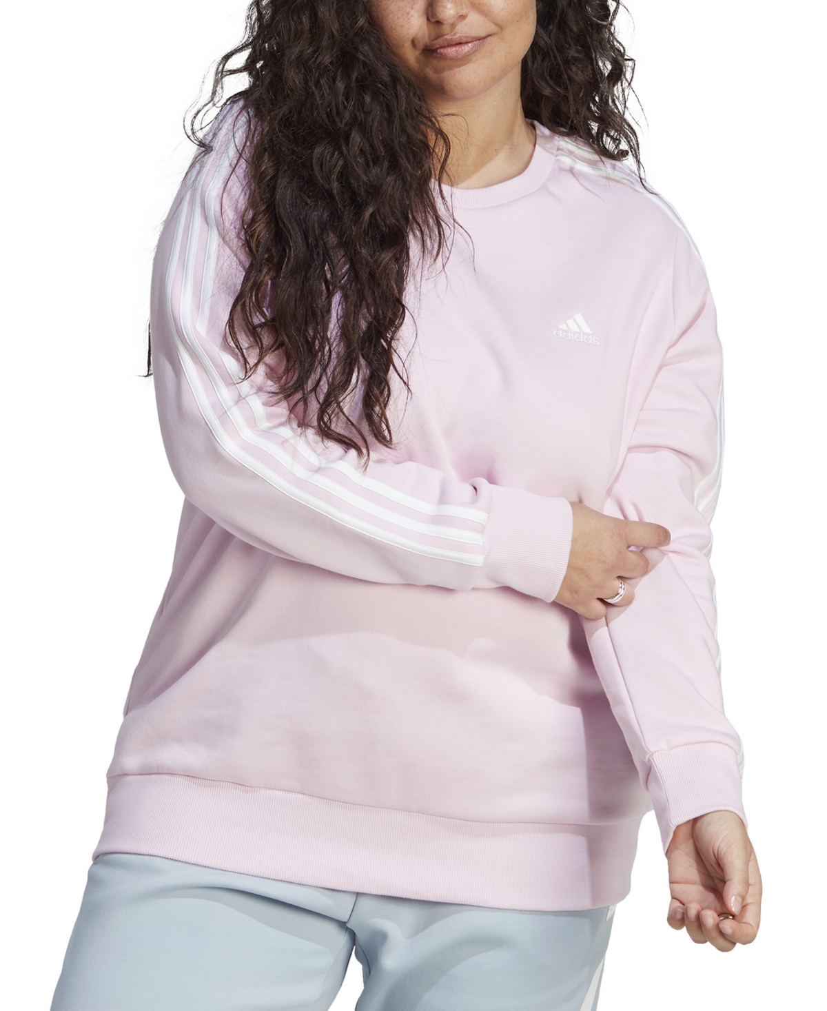 Shop Adidas Originals Plus Size 3-stripes Crewneck Fleece Sweatshirt In Clear Pink,white