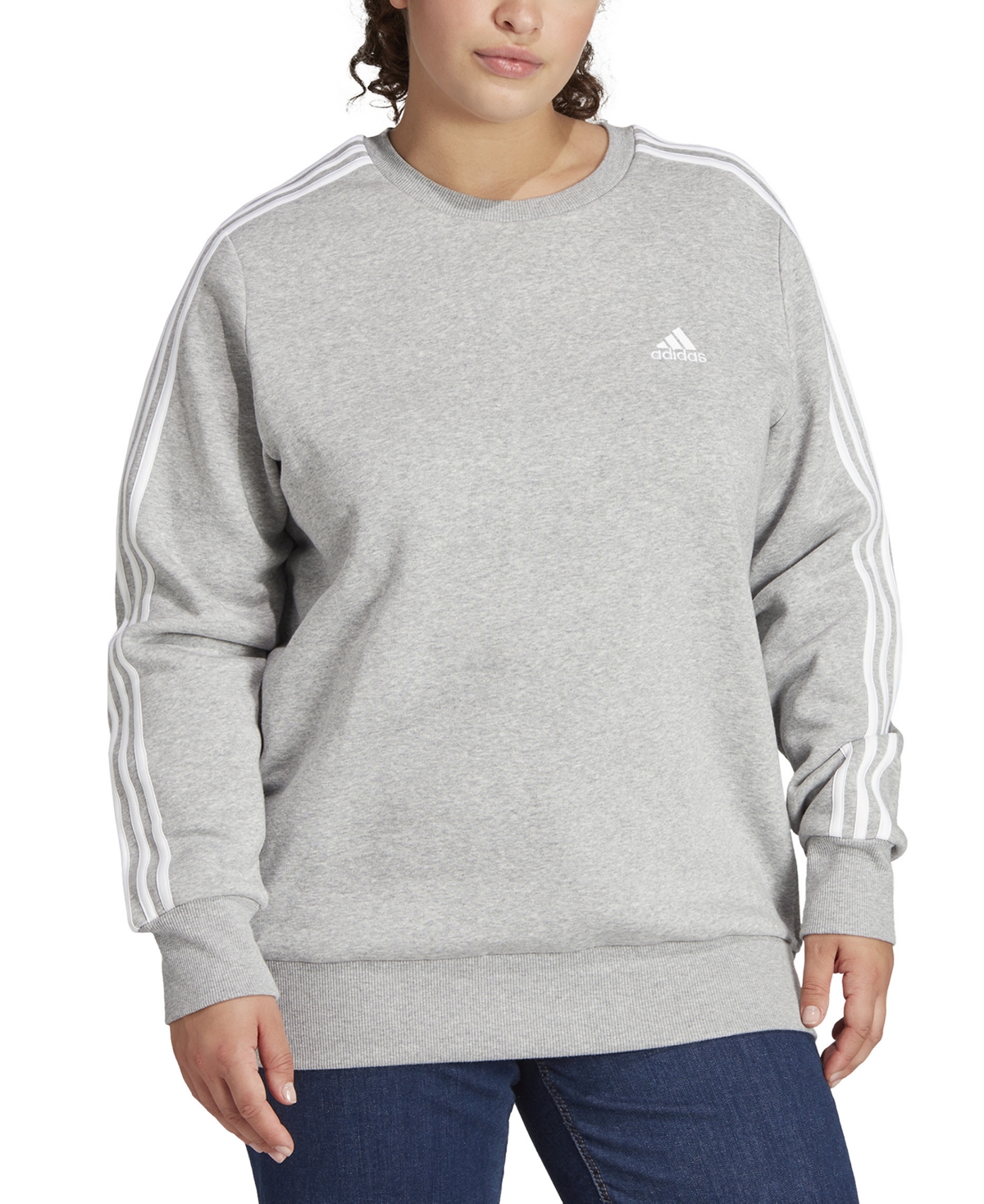 Shop Adidas Originals Plus Size 3-stripes Crewneck Fleece Sweatshirt In Medium Grey Heather,white