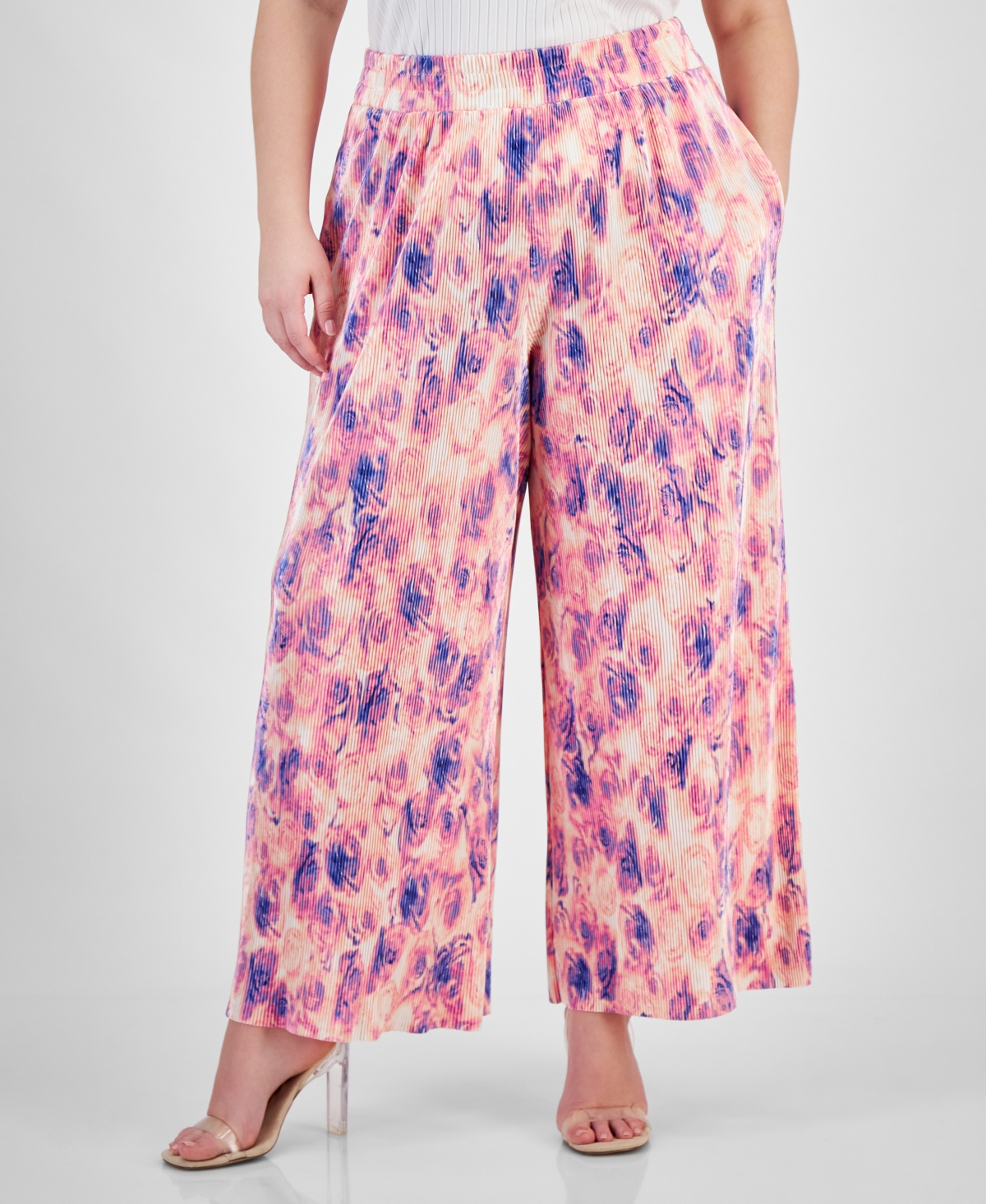 Bar Iii Plus Size Printed Pull-on Wide-leg Plisse Pants, Created For Macy's In Riley Rose