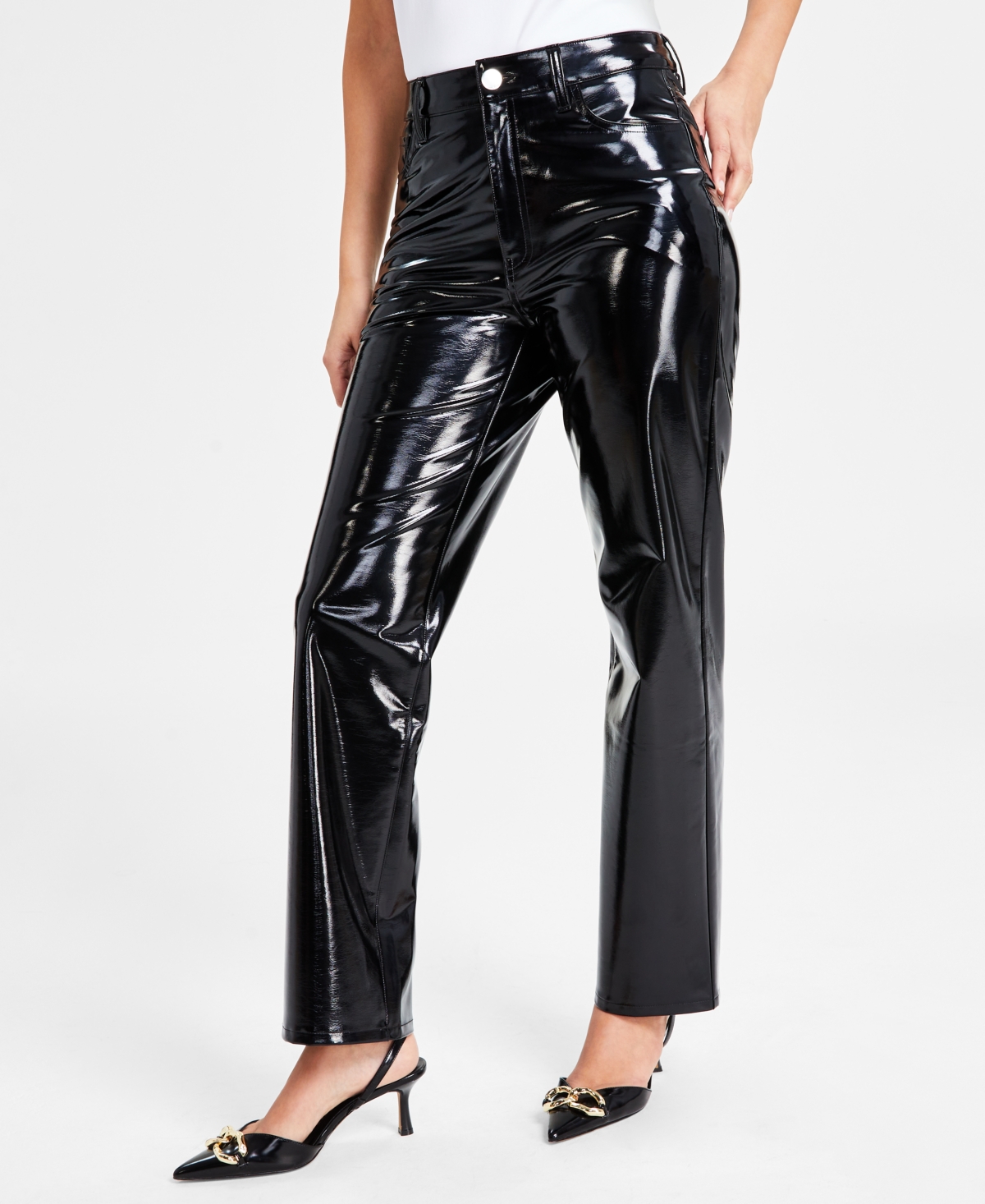 Inc International Concepts Women's High-rise Patent Straight-leg Pants, Created For Macy's In Deep Black