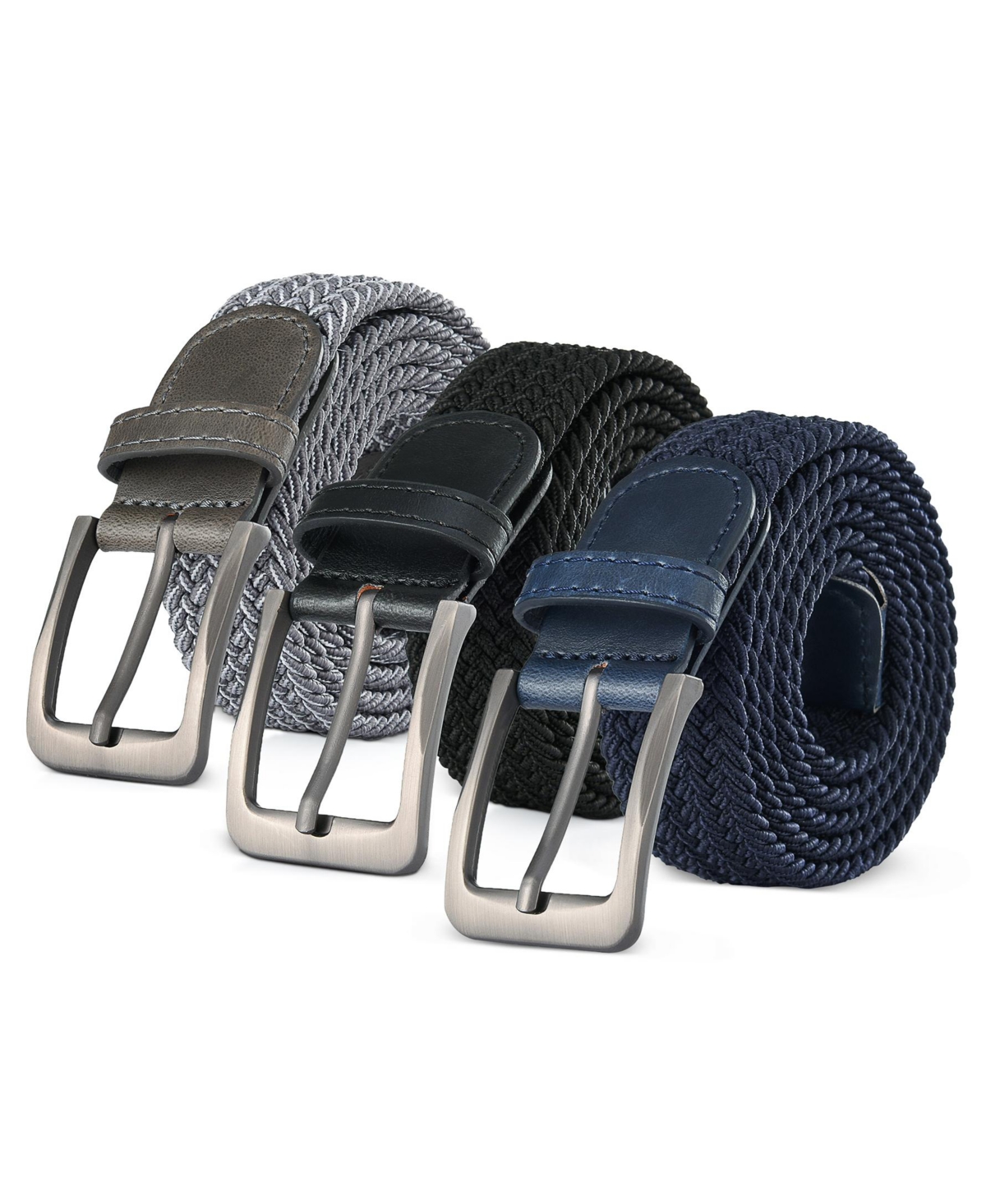 Men's Elastic Braided Stretch Belt Pack of 3 - Navy/black/brown