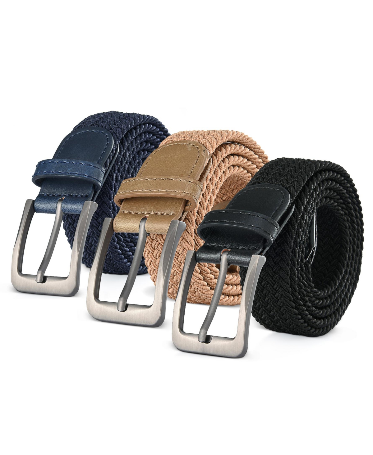 Men's Elastic Braided Stretch Belt Pack of 3 - Navy/black/brown