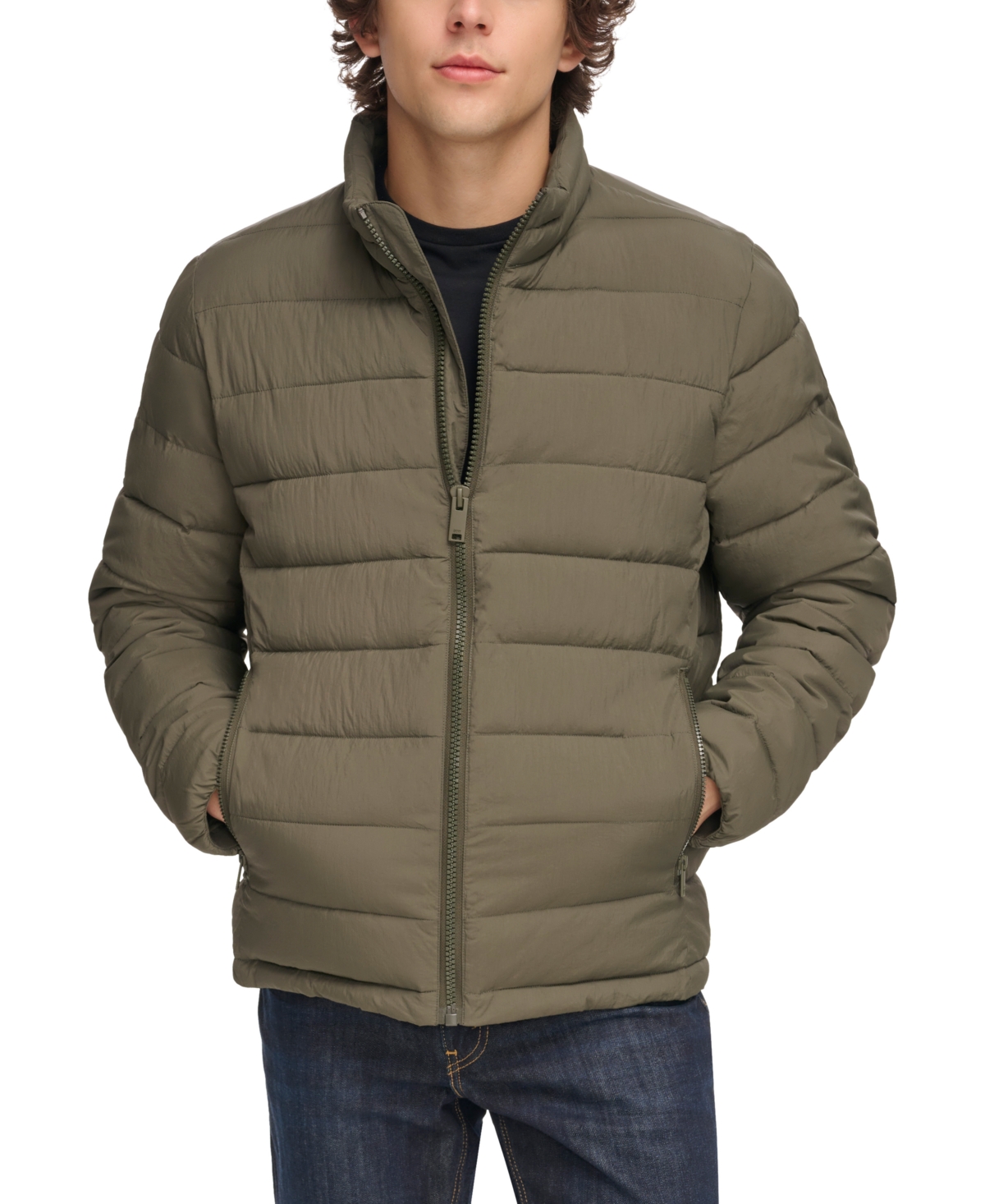 Dkny Men's Quilted Full-zip Stand Collar Puffer Jacket In Olive