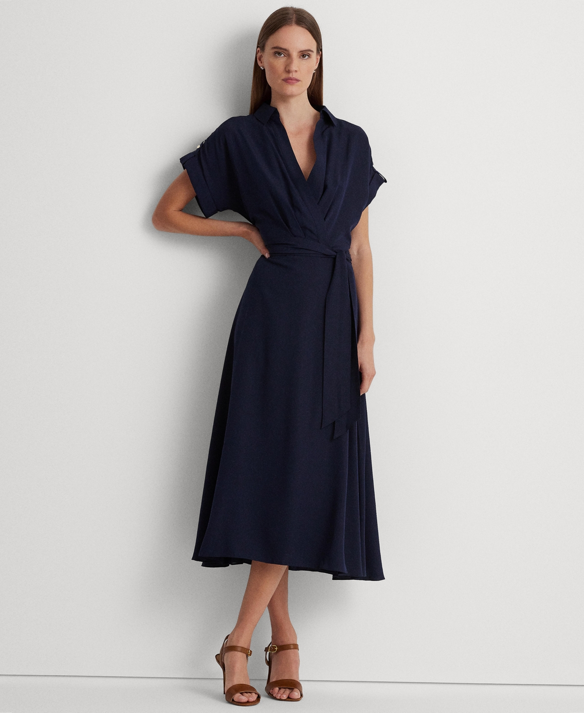 Ralph Lauren Lauren  Short Sleeve Crepe Faux Wrap Dress In Lighthouse Navy