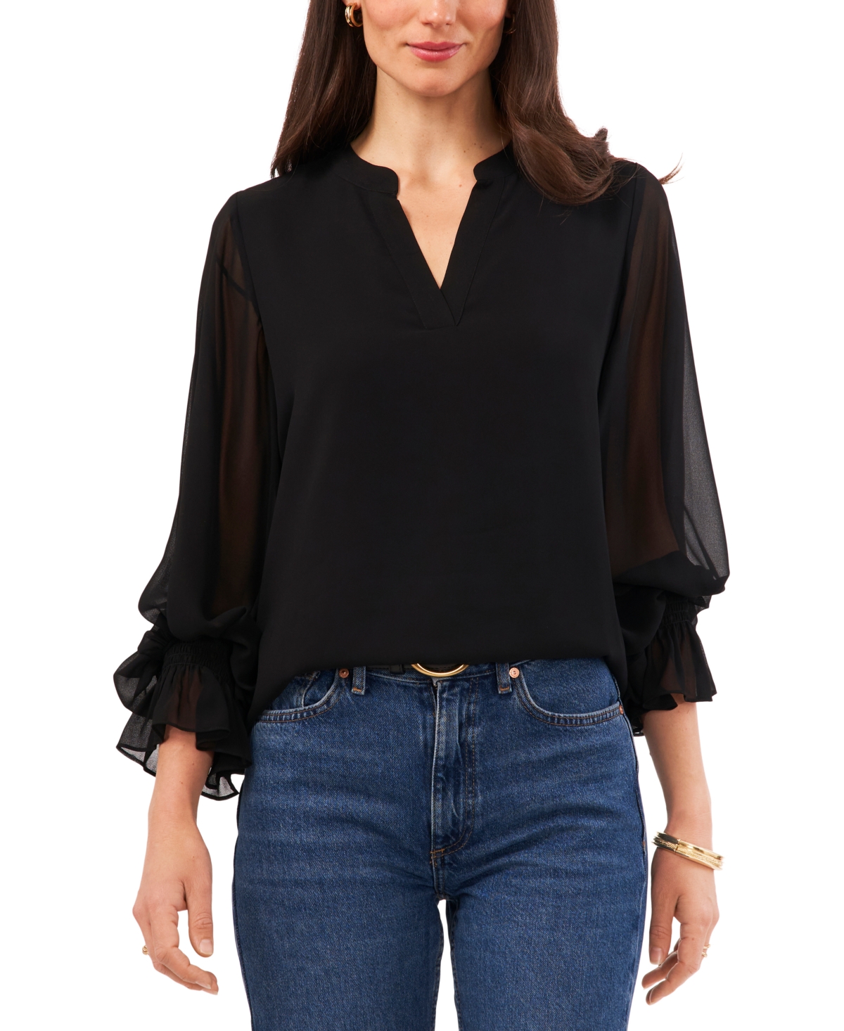 Vince Camuto Women's Split-Neck Long-Sleeve Top - Rich Black