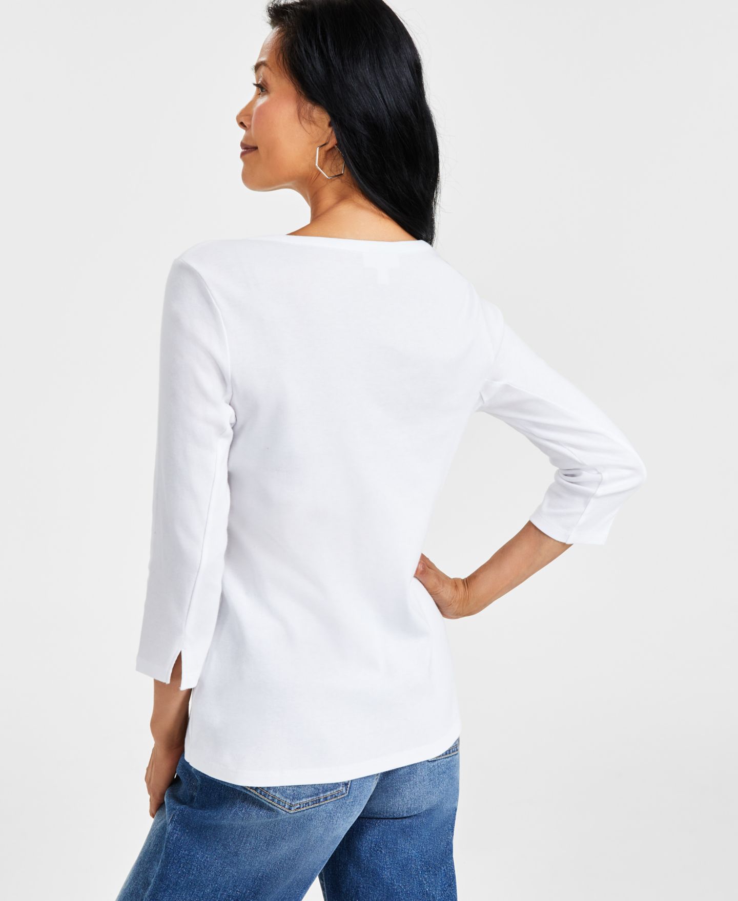 Женский топ Style & Co Petite Pima Cotton 3/4-Sleeve Boat-Neck, цвет: Яркий белый — фото 2