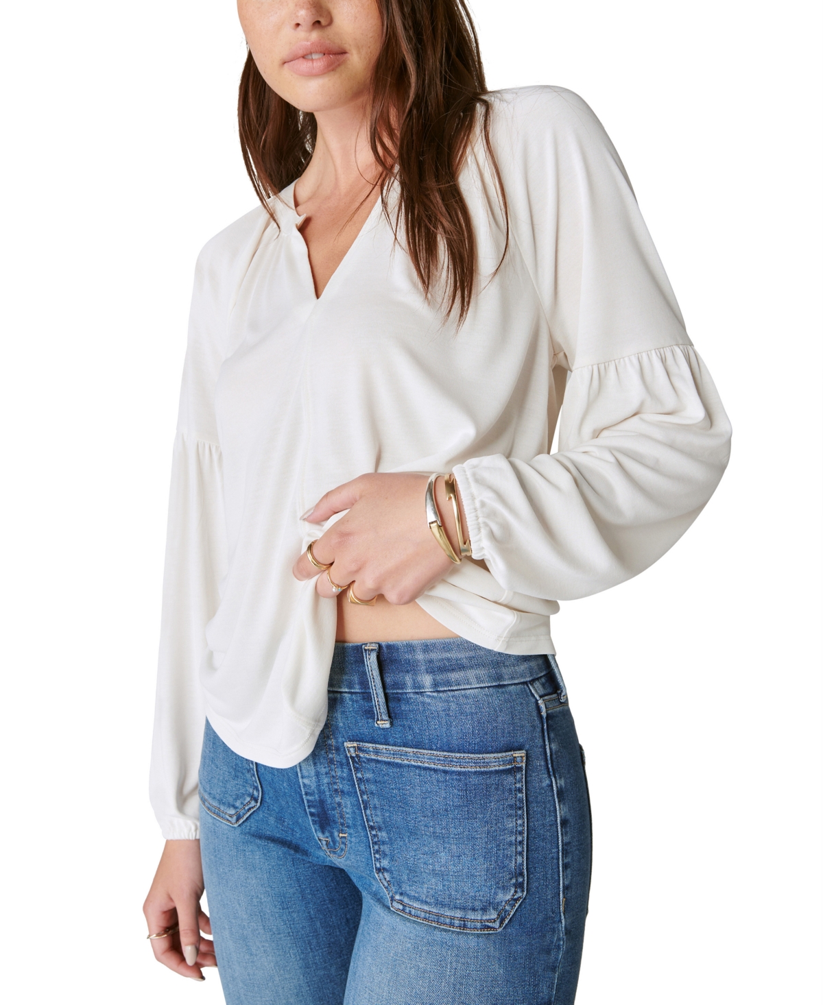 Lucky Brand Women's Long-sleeve Notched-neck Top In Ethereal White