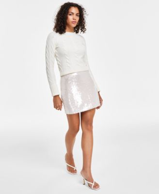 Guess Womens Cable Knit Sweater Sequined Mini Skirt In Silk Gray Multi