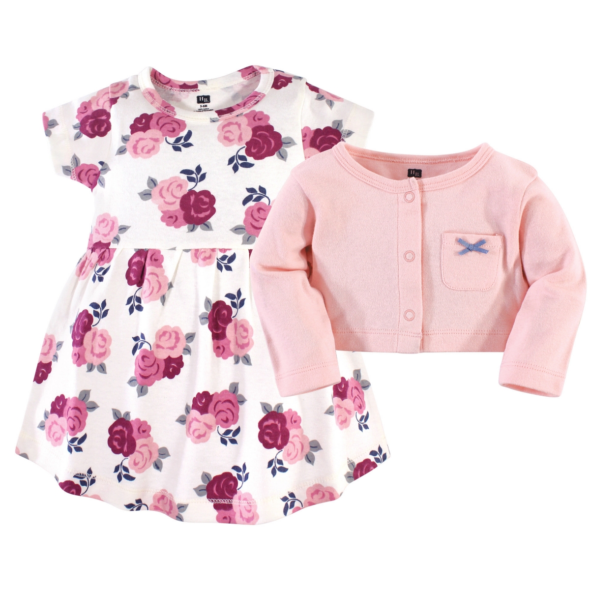Hudson Baby Toddler Girls Cotton Dress and Cardigan 2pc Set,- Blush floral