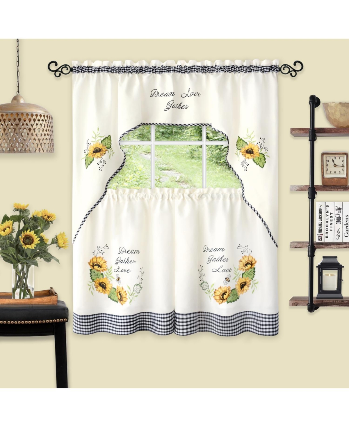 Montauk Accents "Dream, Love, Gather" Embellished Sunflowers 3 Piece Kitchen Curtain Tier Set - Beige